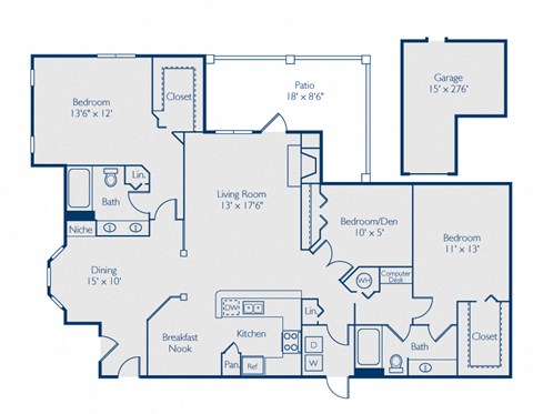 Floor plan for 3 beds, 2 baths, 1449 sqft